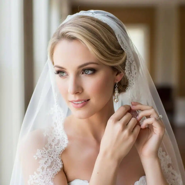 Bridal Sterling Silver Stacked Crystal and Pearl Earrings worn by a bride in a veil, radiating timeless elegance.