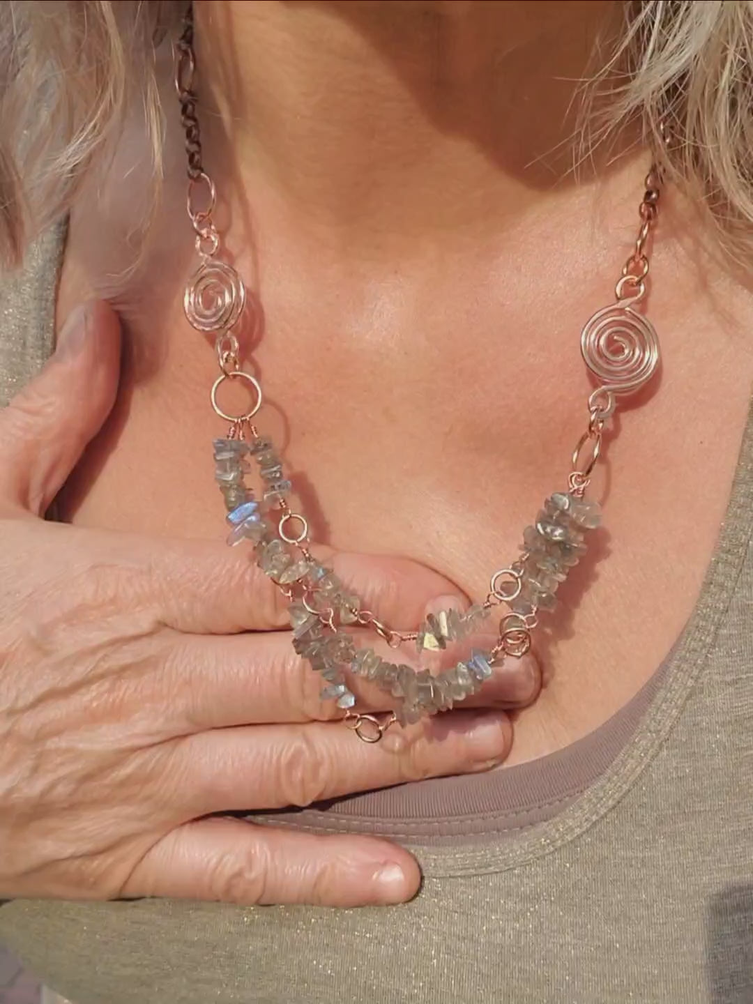  Multi Strand Labradorite Chip Copper Swirls Necklace video blurb