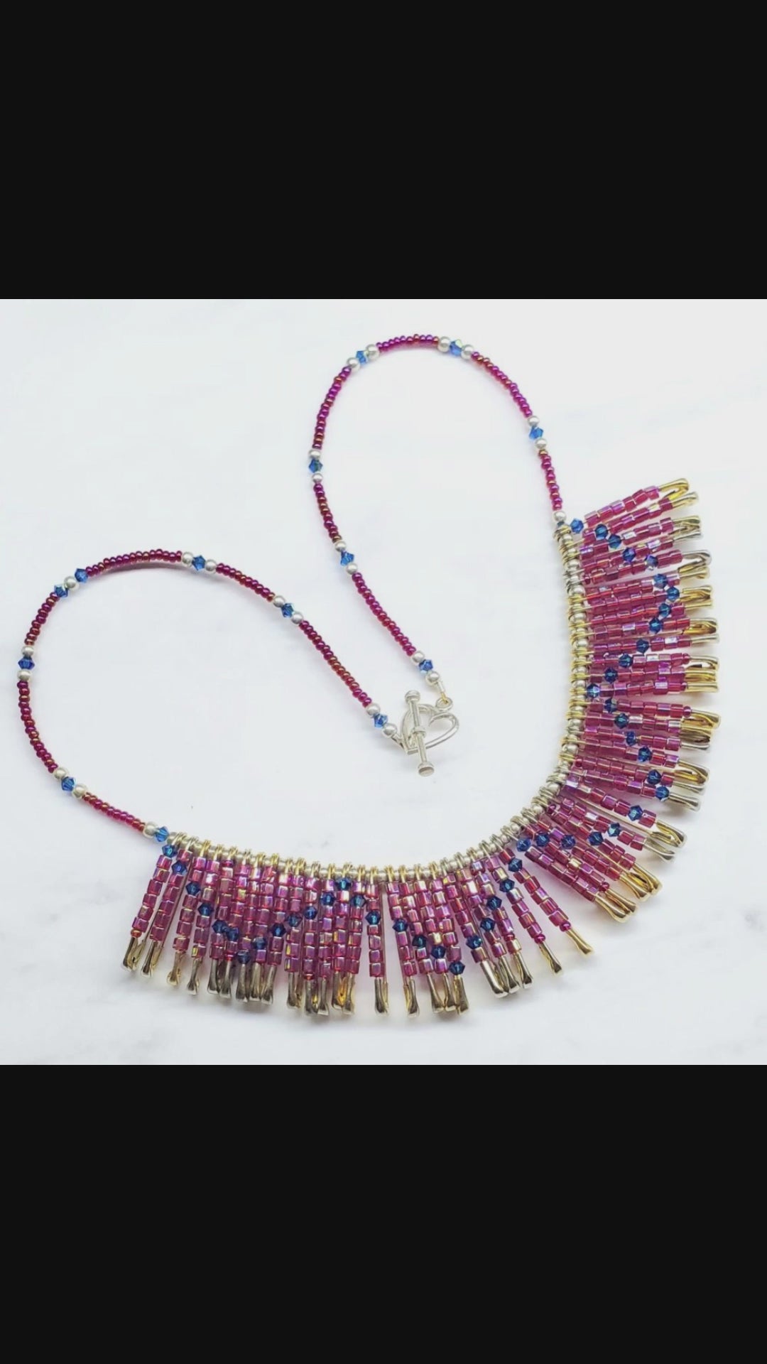 Sparkly Beaded Red Blue Swarovski Crystal Zig Zag Safety Pin Bib Choker Necklace
