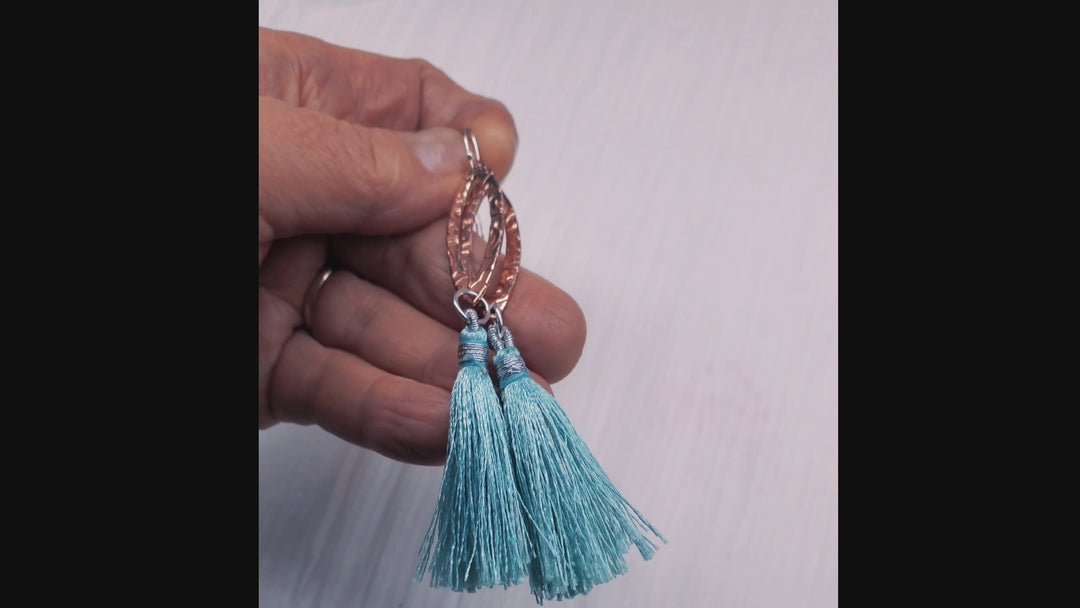 Long Copper Embossed Filigree Silk Tassel Earrings