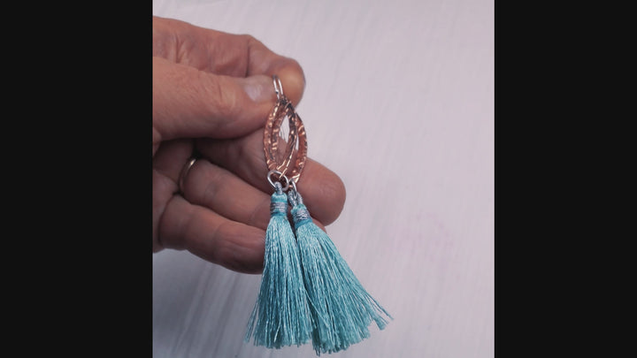 Long Copper Embossed Filigree Silk Tassel Earrings