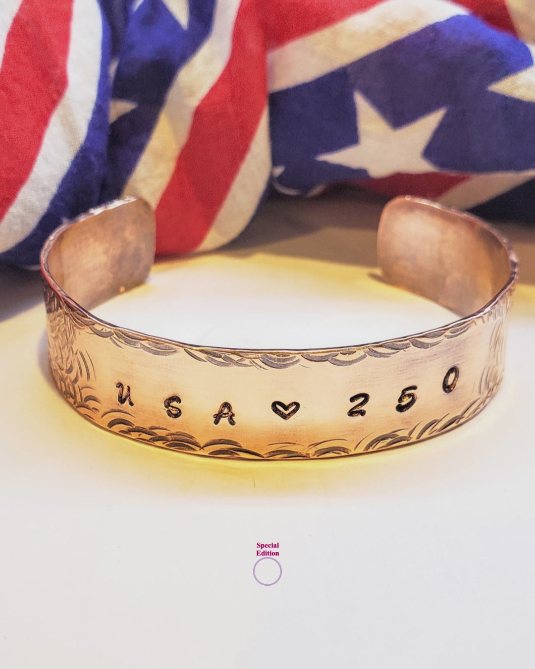 video blurb of a copper bangle stamped with USA 250