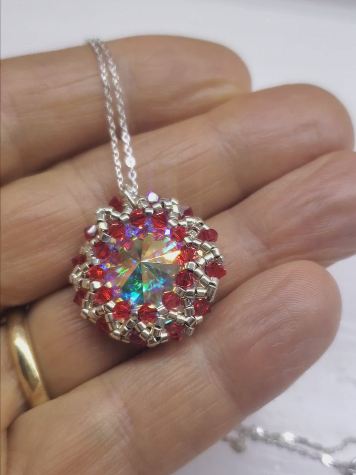 Handmade Beaded Super Sparkly Swarovski Rosette Star Pendant Necklace