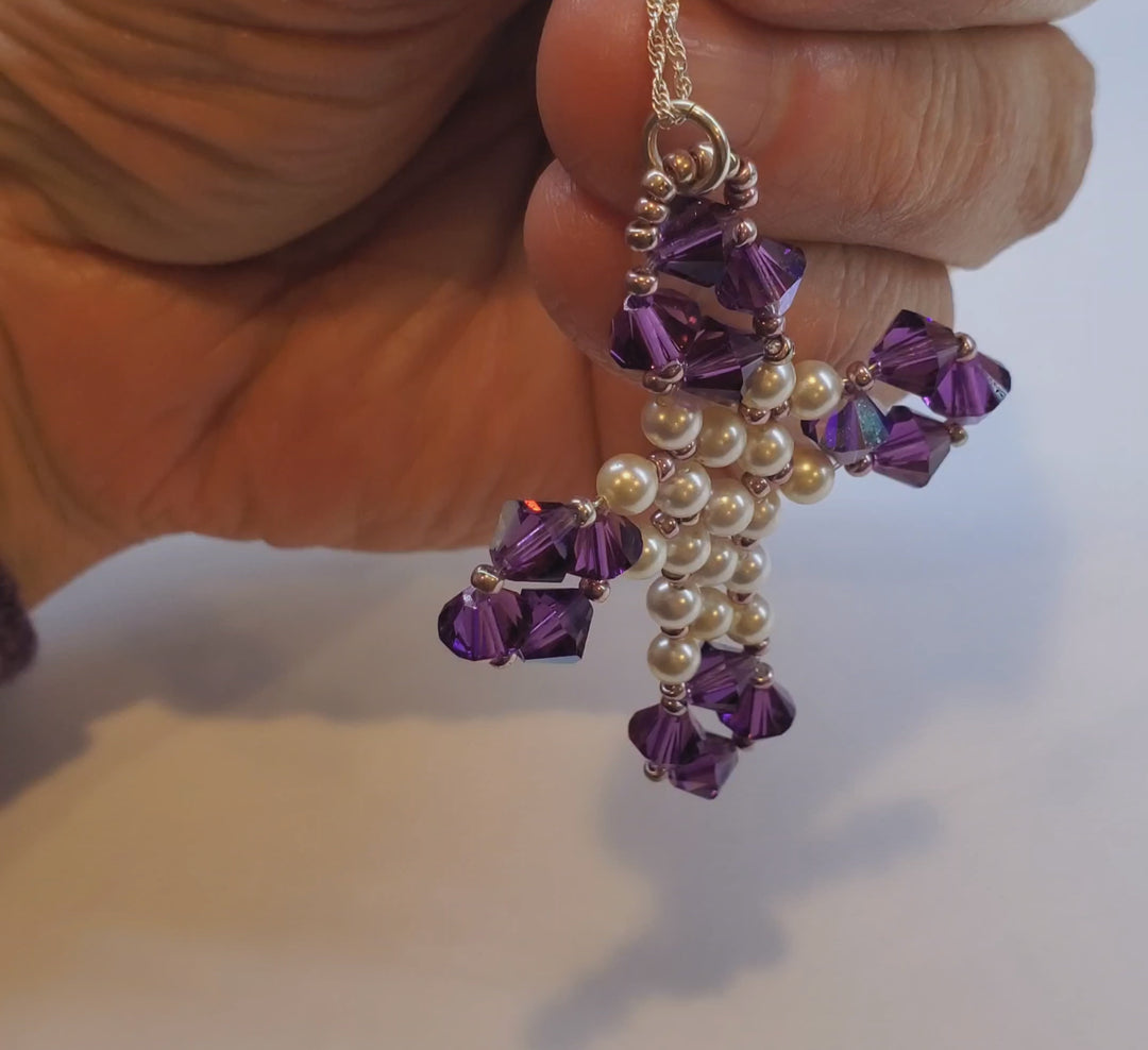 Handmade Vintage Bead Woven Purple Crystal Pearl Cross Necklace-Only One