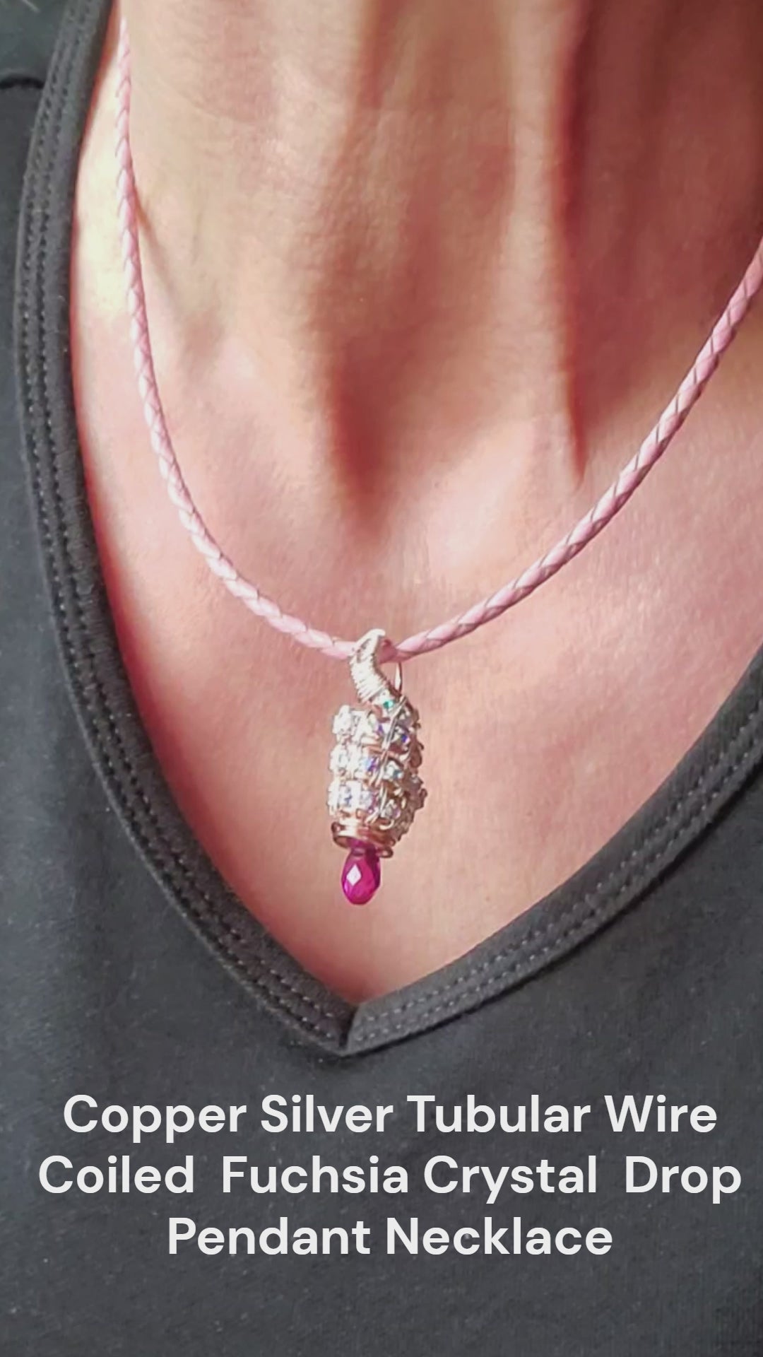 Copper Silver Tubular Wire Coiled  Fuchsia Crystal  Drop Pendant Necklace