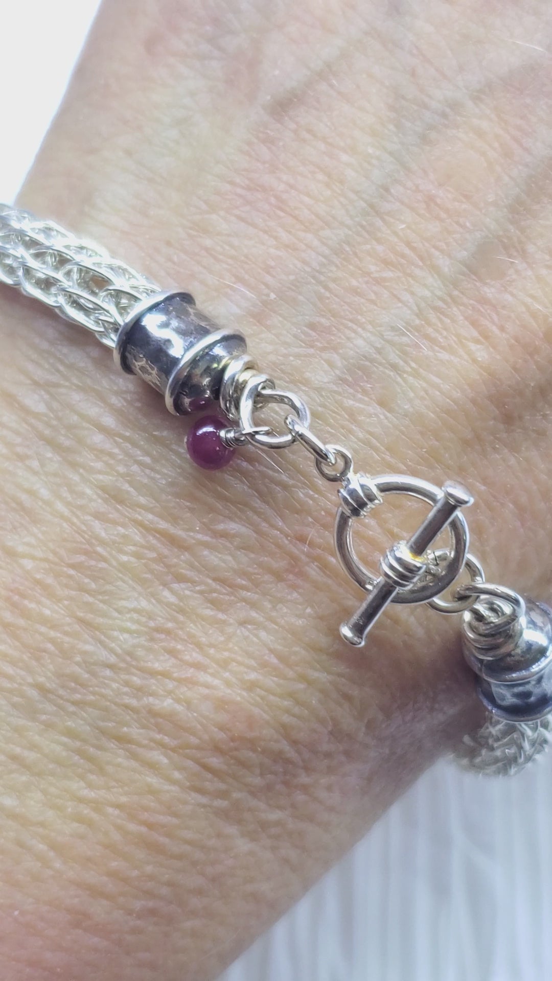 Handmade 10mm sterling silver Viking knit bracelet with Burma Ruby charm