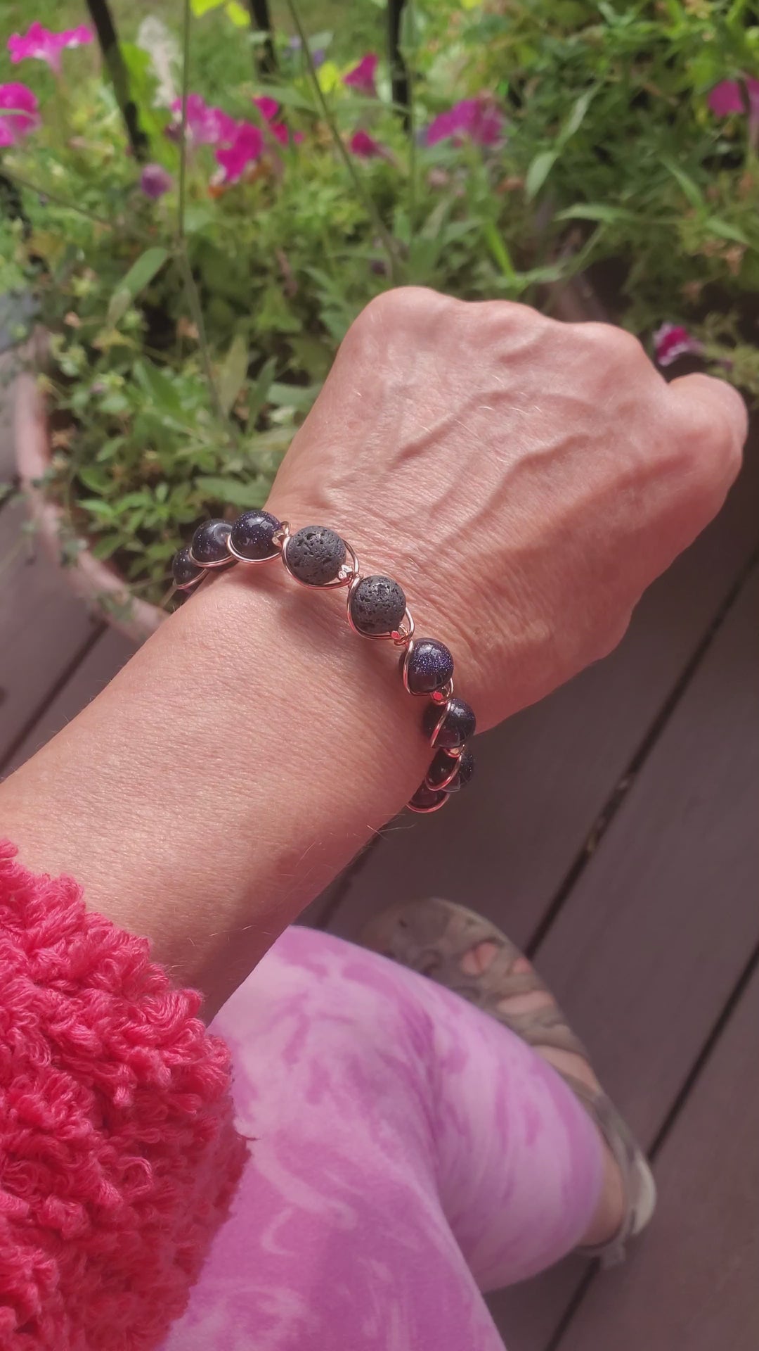 Copper Spiral Twist Wrap Blue Disco Sandstone Beads Lava Rock  Bangle Bracelet