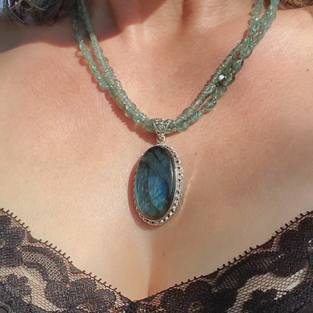 Multi Strand Blue Green Silver Bezel Labradorite Necklace