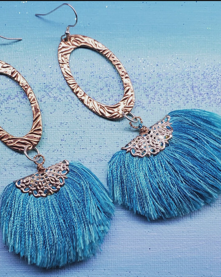 Long Copper Embossed Aqua Brushed Silk Fan Tassel Earrings