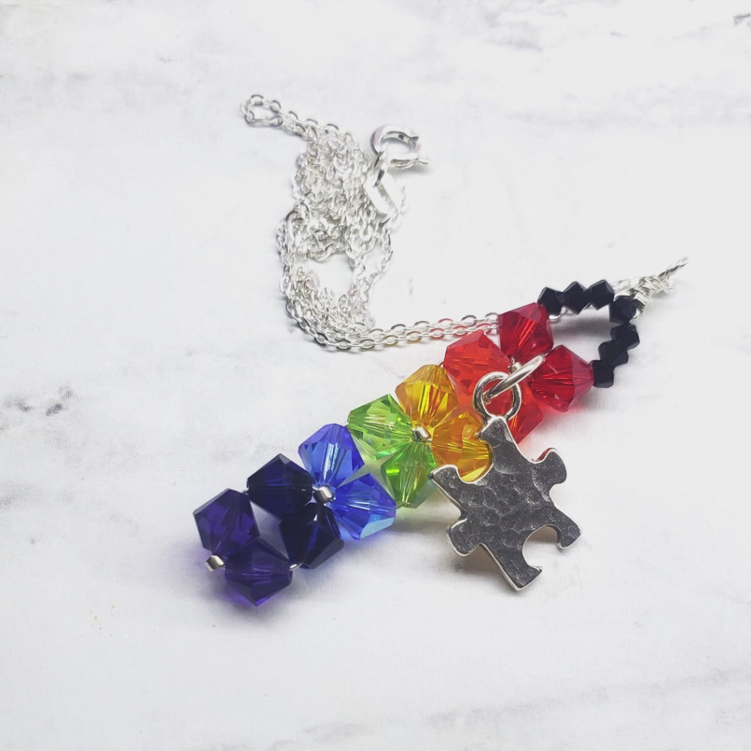 Wire Woven Rainbow Autism Puzzle Piece Bar Necklace-2024 Limited Edition