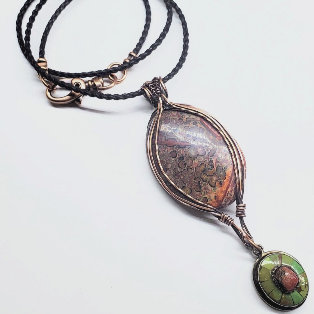 Large Wire Wrapped Brown Red Orange Orbicular Oval Jasper Pendant 24 inch Necklace