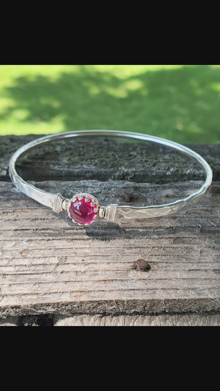 Solid 10 Gauge Silver Hammered Brides Mag Bangle with 8mm Ruby in Victorian Crown Setting