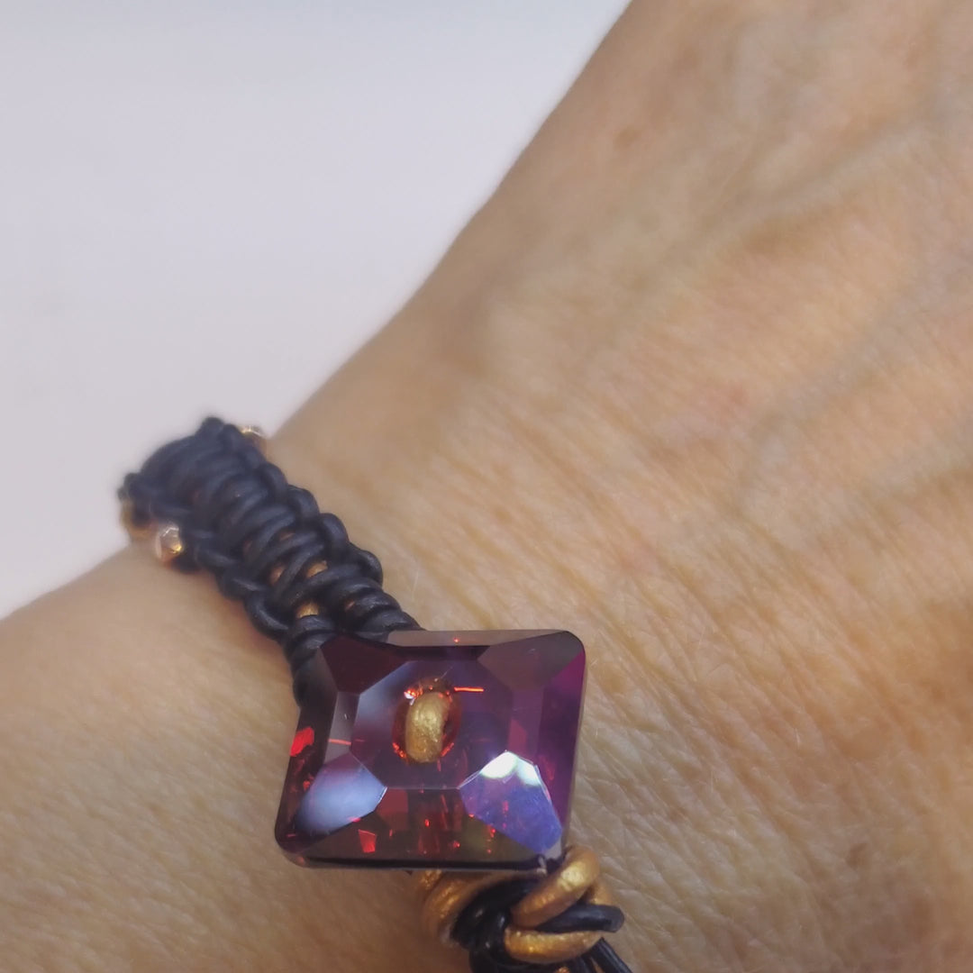 Macrame Black Gold Leather Crystal Glam Bracelet