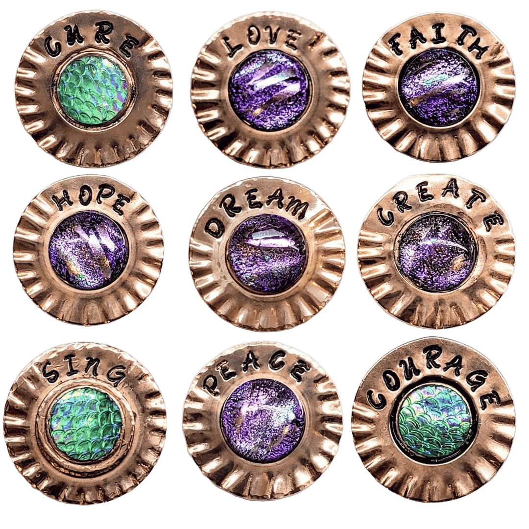 Handmade Stamped Artisan Copper Flower Refrigerator Magnets featuring inspirational words and colorful centers.