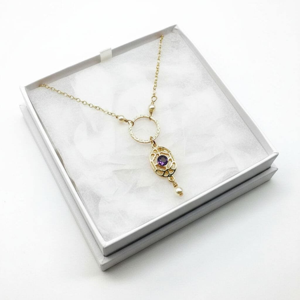 14 KT Gold-Filled Purple Crystal Circle  Filigree Necklace