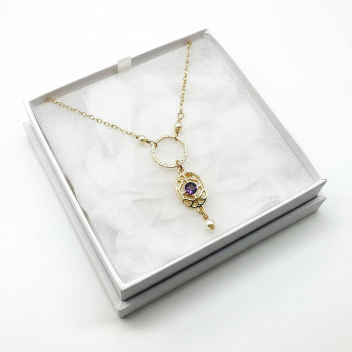 14 KT Gold-Filled Purple Crystal Circle  Filigree Necklace