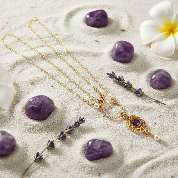 14 KT Gold-Filled Purple Crystal Circle  Filigree Necklace