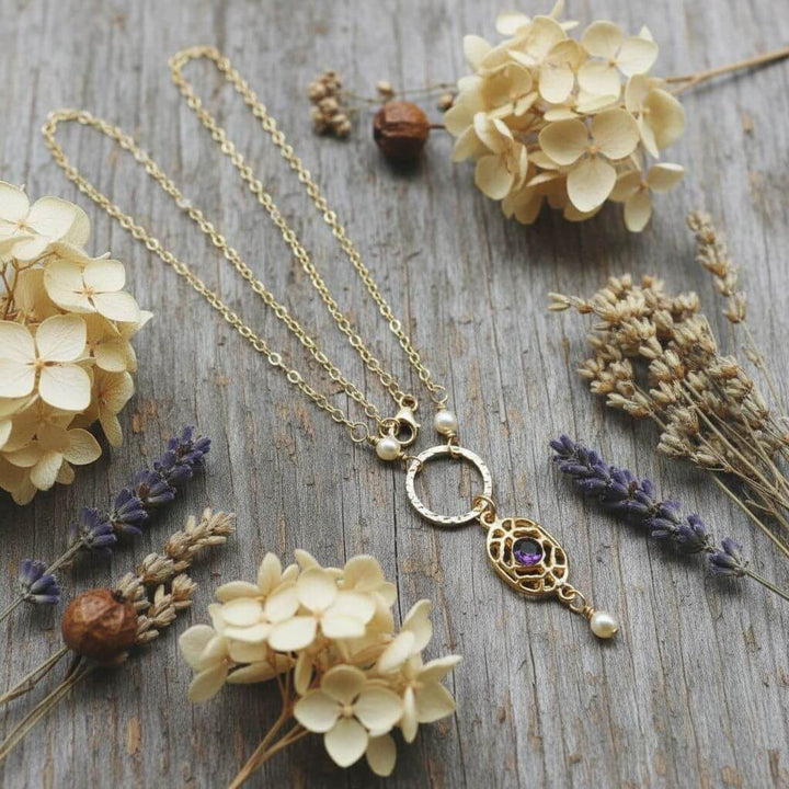 14 KT Gold-Filled Purple Crystal Circle  Filigree Necklace