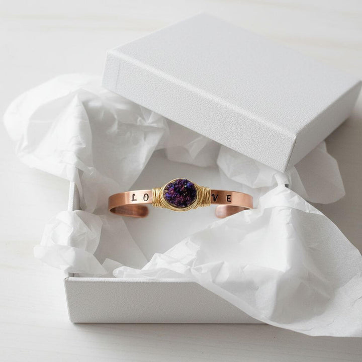 LOVE Stamped Gold Wire Wrapped Purple Druzy Copper Cuff