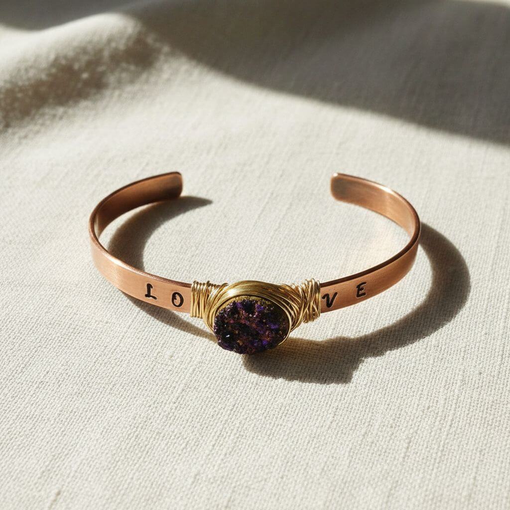LOVE Stamped Gold Wire Wrapped Purple Druzy Copper Cuff