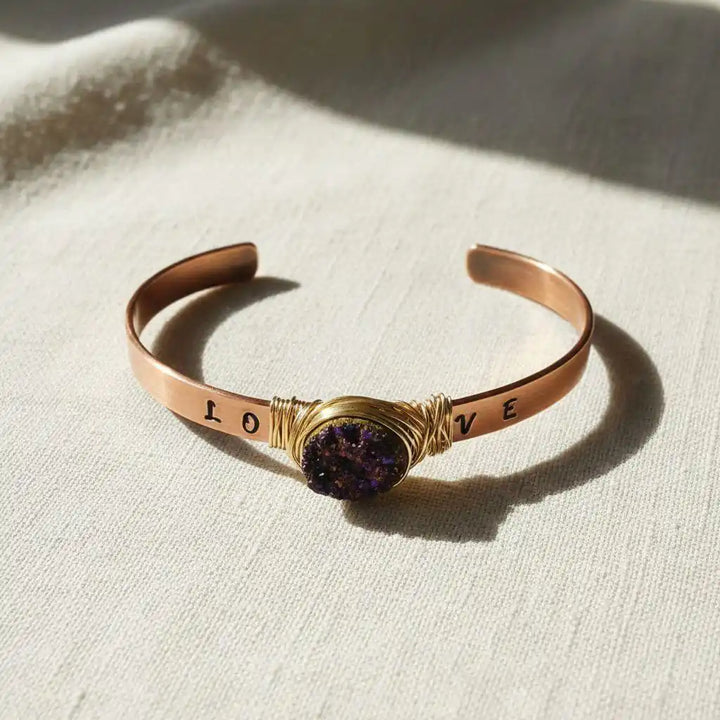 LOVE Stamped Gold Wire Wrapped Purple Druzy Copper Cuff