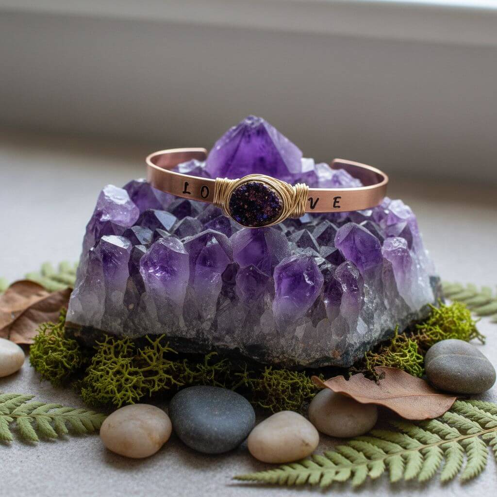 LOVE Stamped Gold Wire Wrapped Purple Druzy Copper Cuff