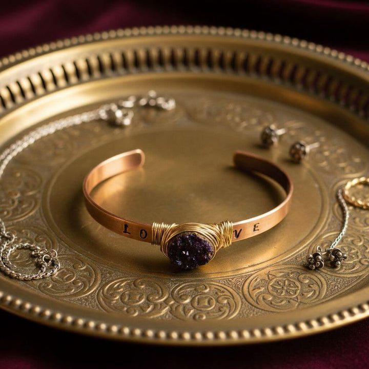 LOVE Stamped Gold Wire Wrapped Purple Druzy Copper Cuff