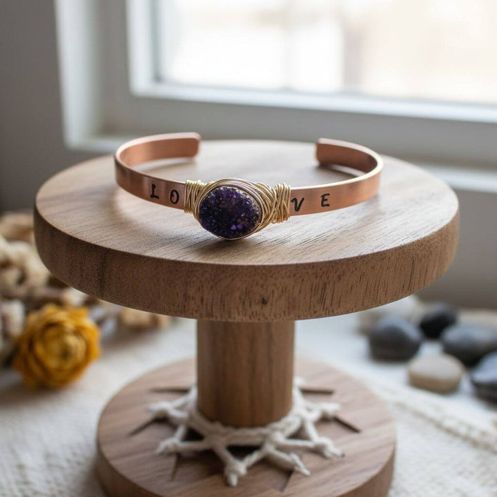 LOVE Stamped Gold Wire Wrapped Purple Druzy Copper Cuff