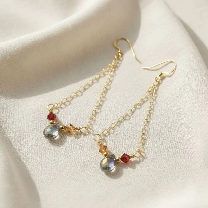 Mystic Rainbow Quartz Drop Gold Filled Earrings showcasing iridescent gemstones and luxurious gold filled accents.