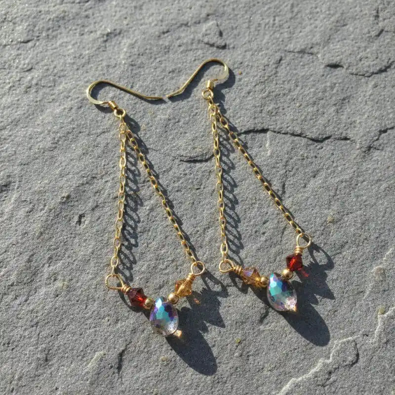 mystic rainbow quartz drop gold filled earrings with shimmering gemstones and gold chain