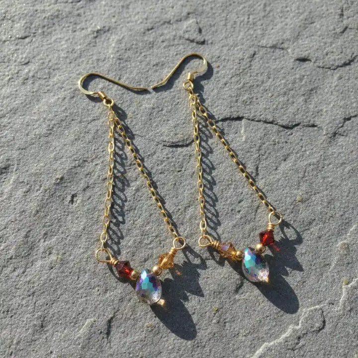 mystic rainbow quartz drop gold filled earrings with shimmering gemstones and gold chain