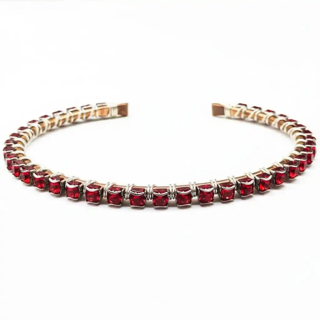 Wire Wrapped Red Crystal Tennis Bracelet Bangle featuring radiant red Swarovski crystals in a stylish design.
