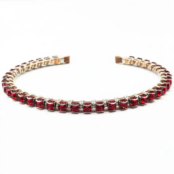 Wire Wrapped Red Crystal Tennis Bracelet Bangle featuring radiant red Swarovski crystals in a stylish design.