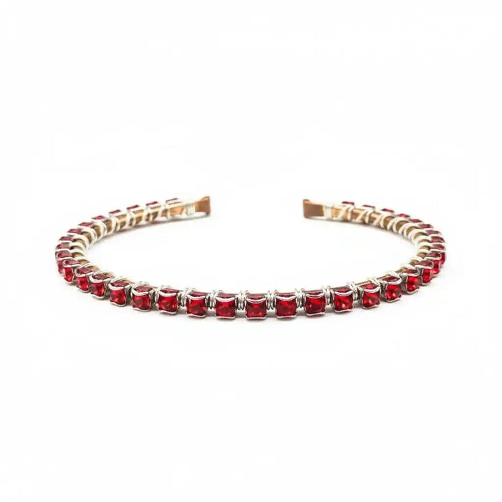 Wire Wrapped Red Crystal Tennis Bracelet Bangle with sparkling red Swarovski crystals and elegant wire wrapping.