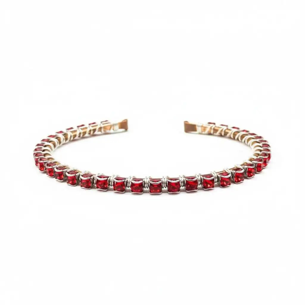 Wire Wrapped Red Crystal Tennis Bracelet Bangle showcasing vibrant red Swarovski crystals and elegant design.