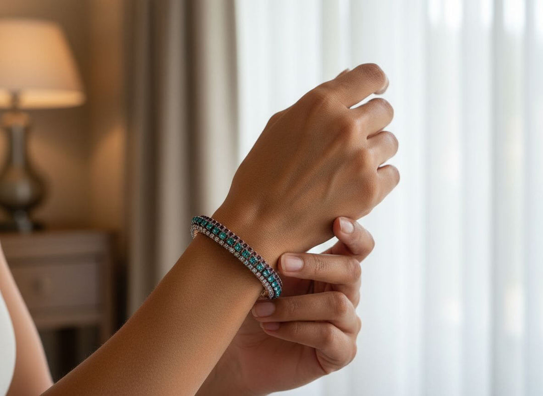 Handmade Hammered Sculpted Wire Wrapped Three Color Crystal Glamor Bangle