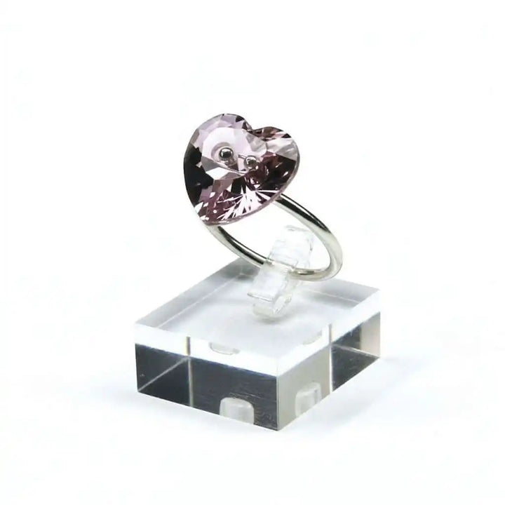 Big Girl Large Light Purple I LOVE YOU Heart Bling Ring displayed on a clear stand with a sparkling Swarovski crystal heart.