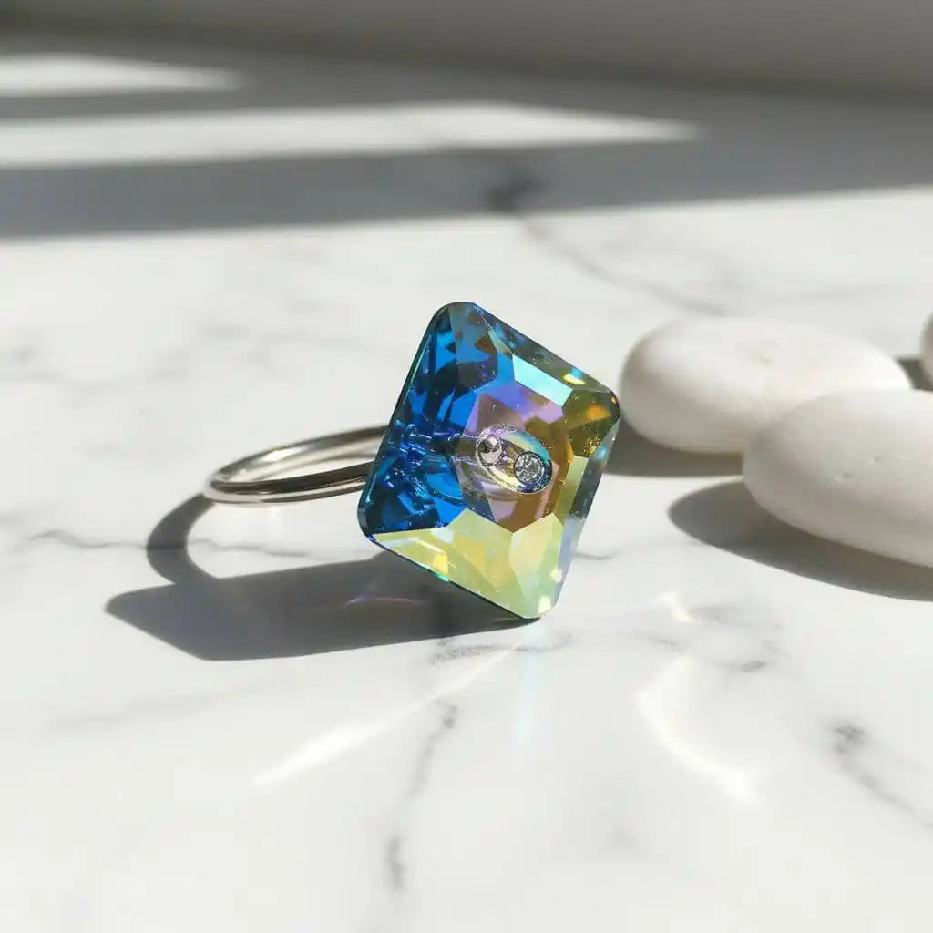 As Seen on Maisie William Super Sparkly Crystal Bling Ring featuring a vibrant 16mm Swarovski crystal AB button on silver band.