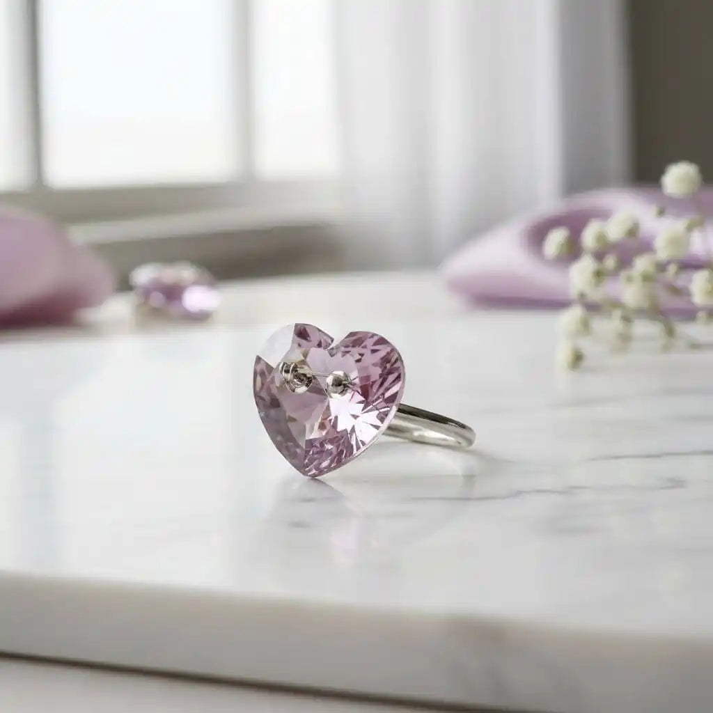 Big Girl Large Light Purple I LOVE YOU Heart Bling Ring displayed on a marble surface with soft lighting.