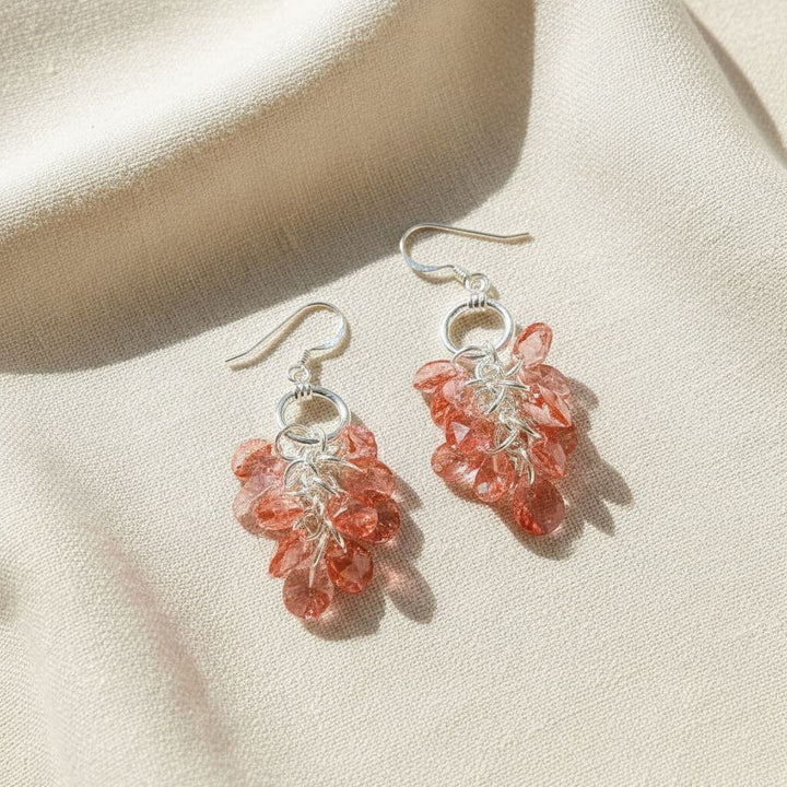 Rose Peach Crystal Sterling Silver Cluster Earrings