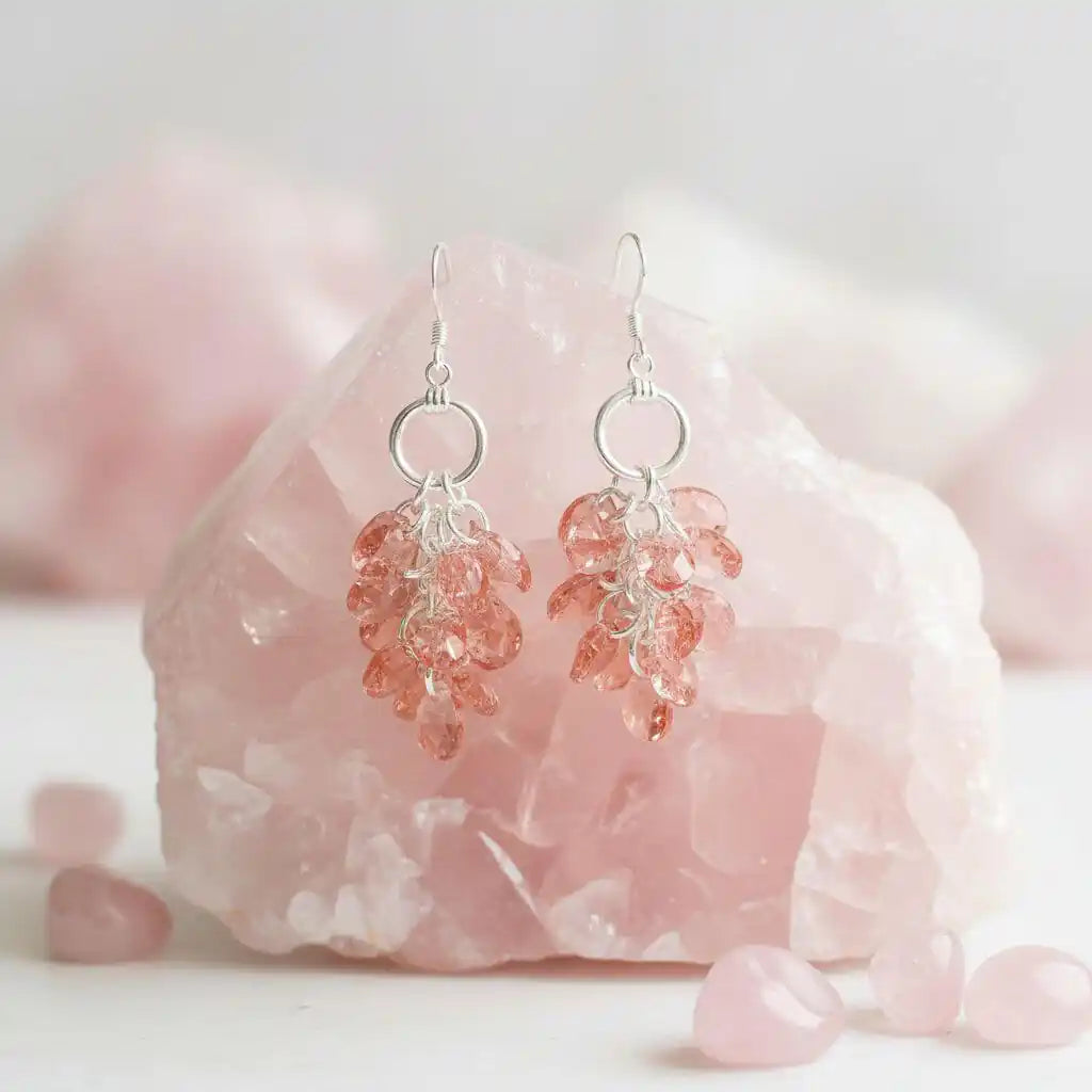 Rose Peach Crystal Sterling Silver Cluster Earrings