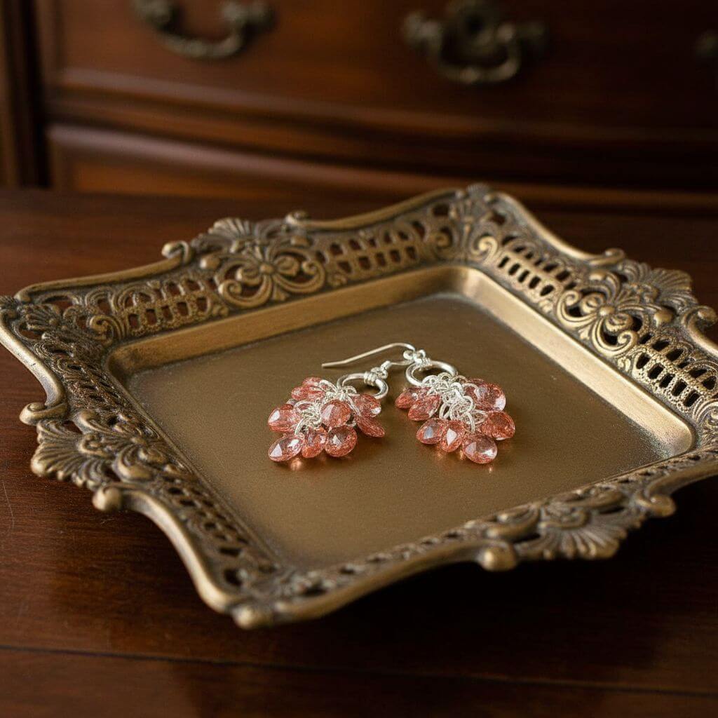 Rose Peach Crystal Sterling Silver Cluster Earrings