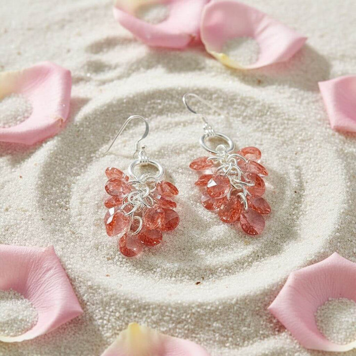 Rose Peach Crystal Sterling Silver Cluster Earrings