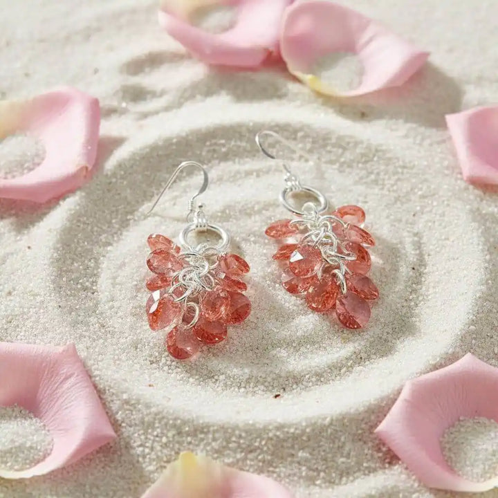 Rose Peach Crystal Sterling Silver Cluster Earrings