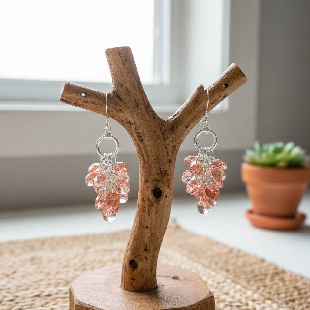 Rose Peach Crystal Sterling Silver Cluster Earrings