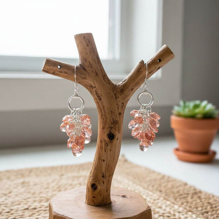Rose Peach Crystal Sterling Silver Cluster Earrings