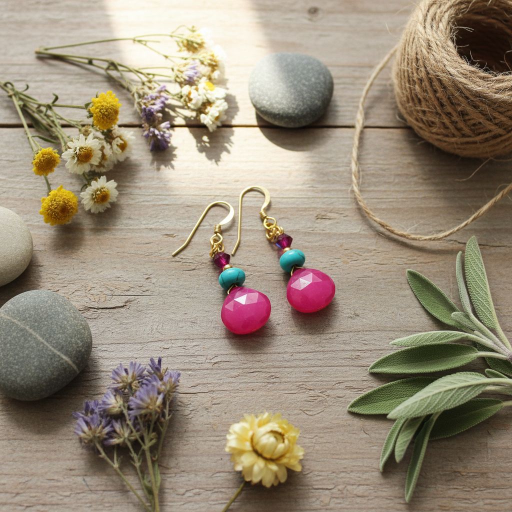 Gold Filled Wire Wrapped Pink And Aqua Gemstone Earrings displayed with flowers and stones on wooden background.