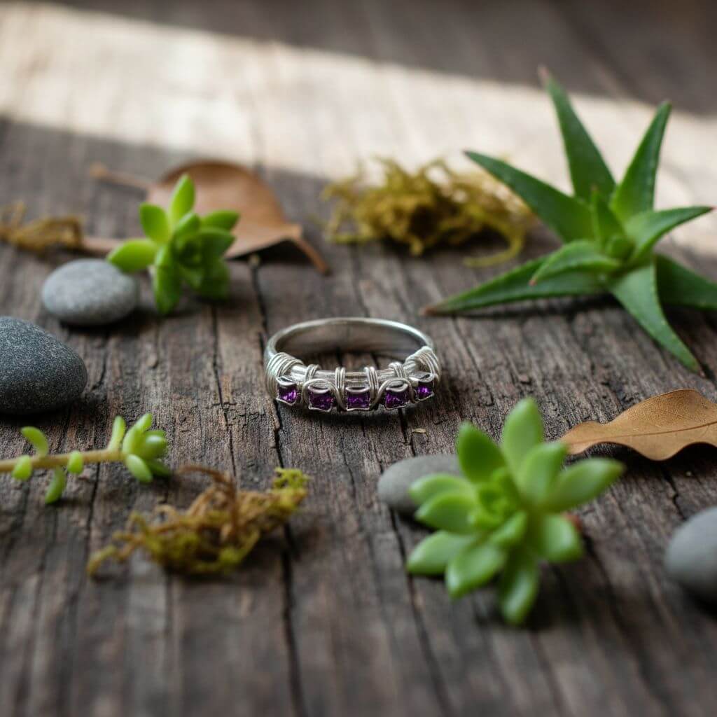 Sterling Silver Hammered Amethyst Rhinestone Bling Ring