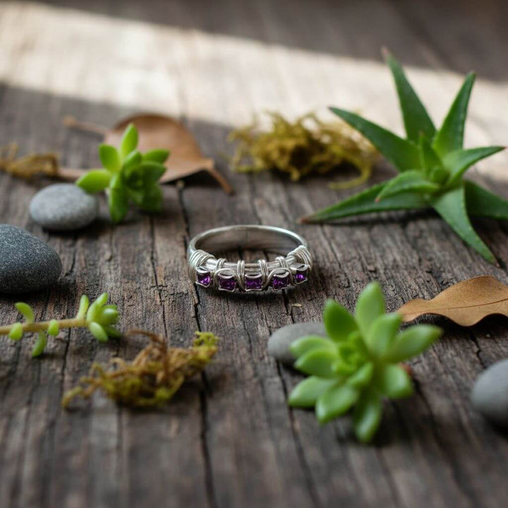 Sterling Silver Hammered Amethyst Rhinestone Bling Ring