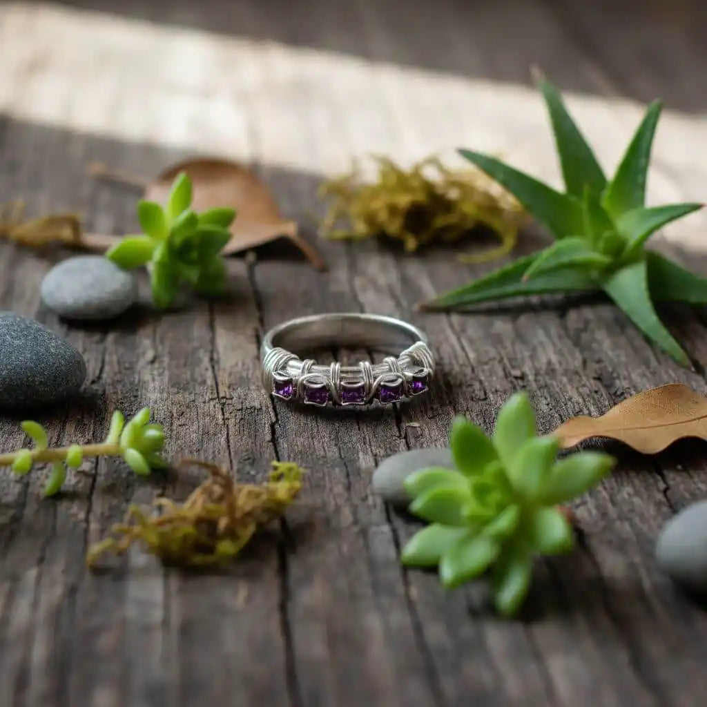 Sterling Silver Hammered Amethyst Rhinestone Bling Ring - Alexa Martha Designs